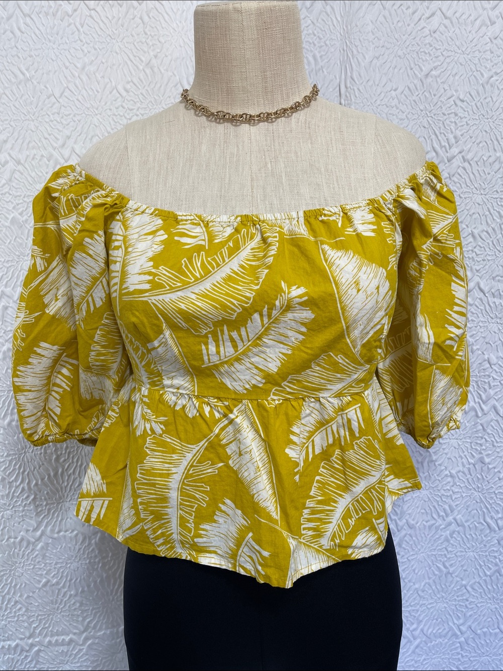 Off-Shoulder Yellow Leaf-Print Peplum Blouse